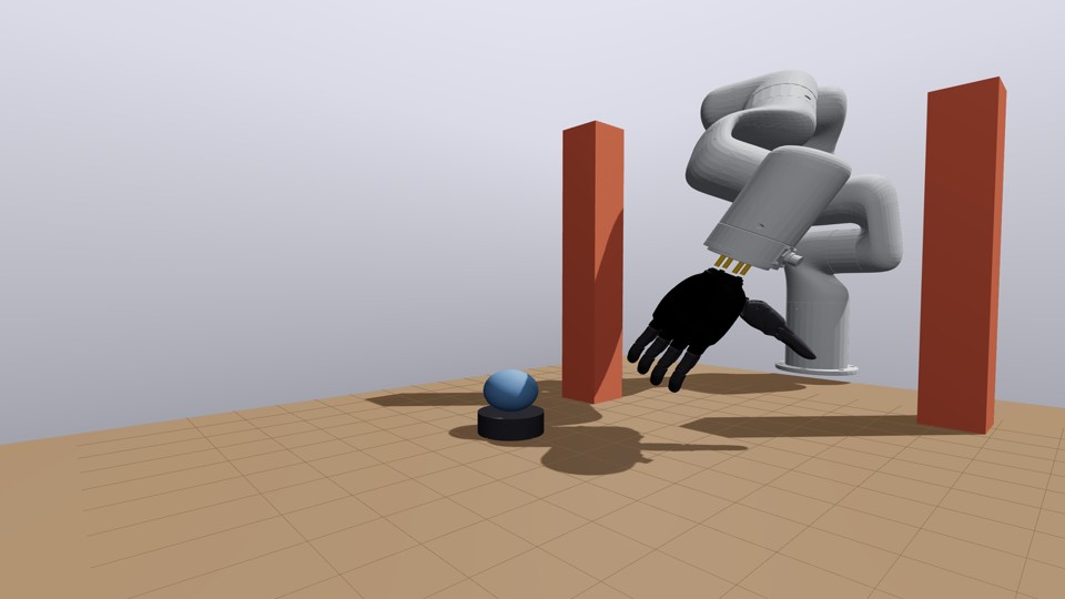Tabletop two-obstacle trial at the reach mode, the arm-hand system deviating around the obstacles
