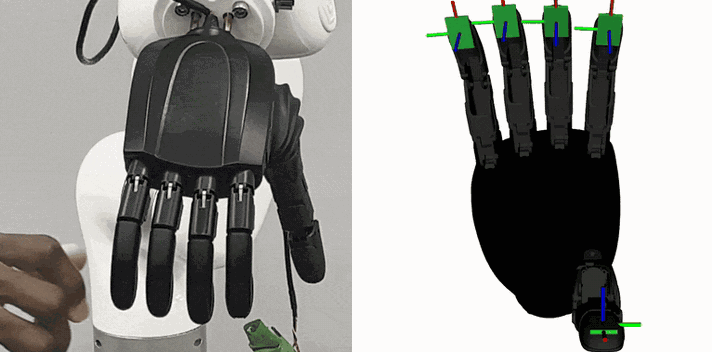 RealHand L6 fingertip contact detection on hardware: tactile state interfaces alongside the corresponding RViz contact markers